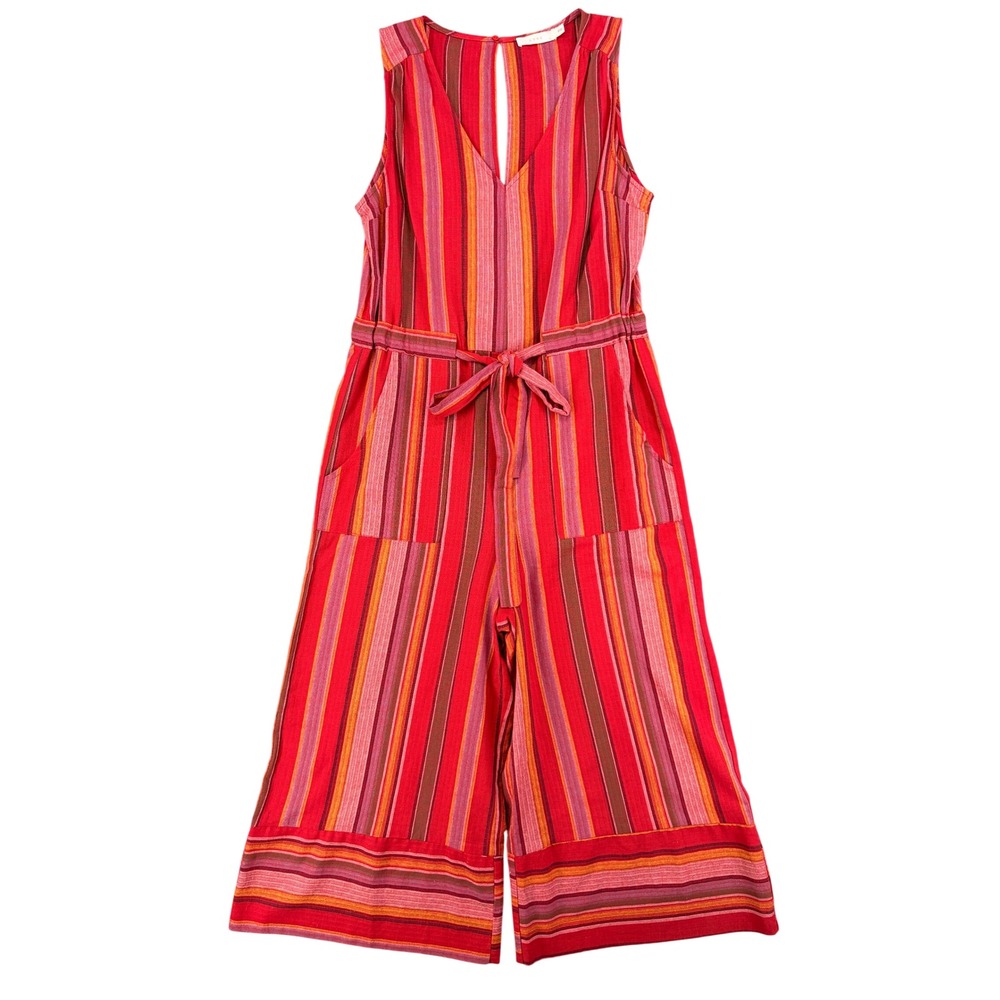 Lush Red Striped Wide Leg Jumpsuit Sleeveless V-Neck Pockets Small P6608-03